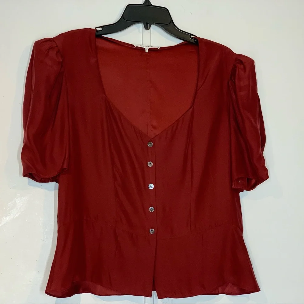 Frame Denim Red V-Neck Puff Sleeve Button Front Blouse - Picture 5 of 14